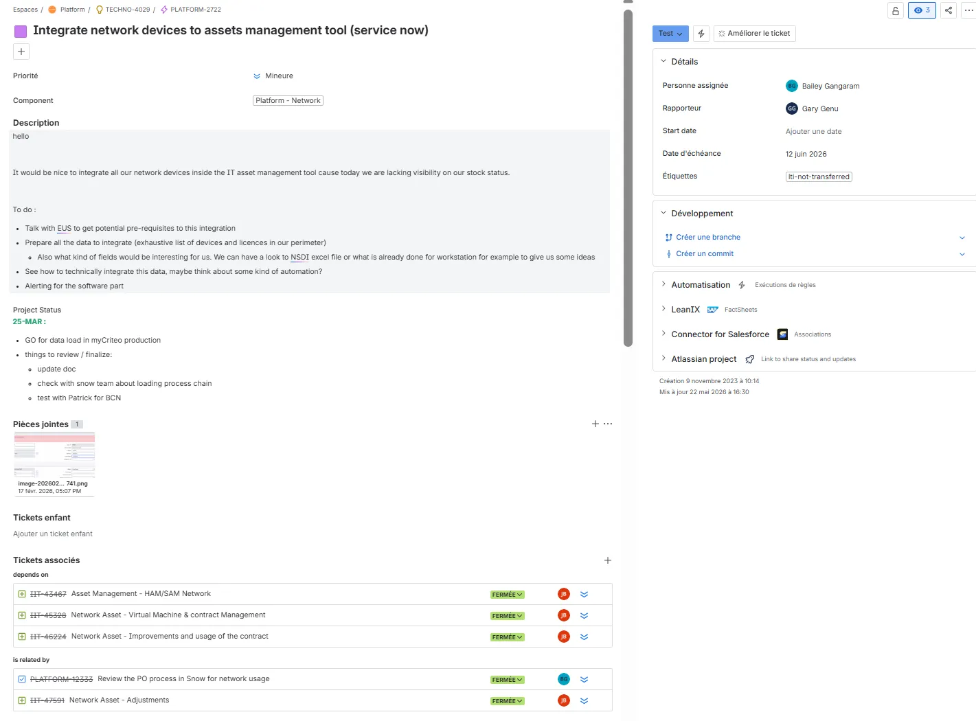Ticket Jira du projet ServiceNow CMDB
